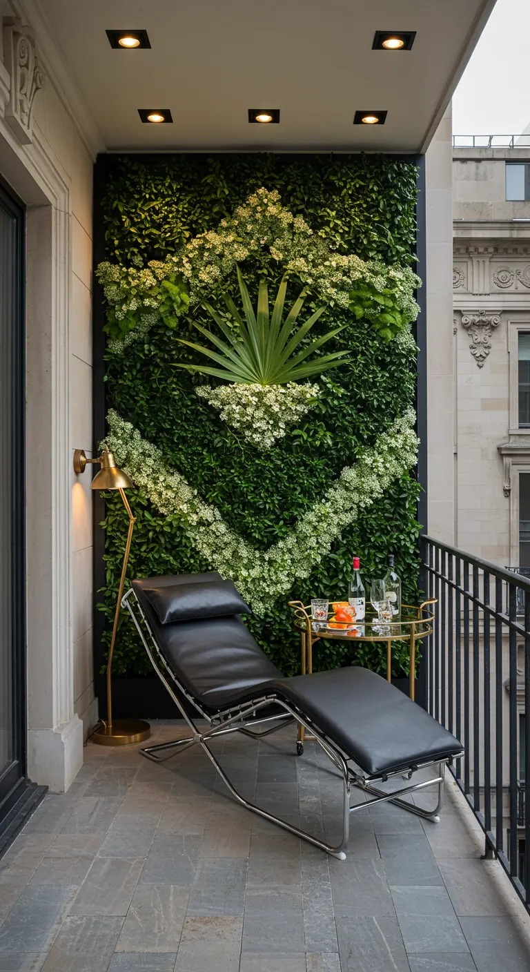 A chic balcony with a green wall featuring a diamond pattern of white flowers around a central palm.