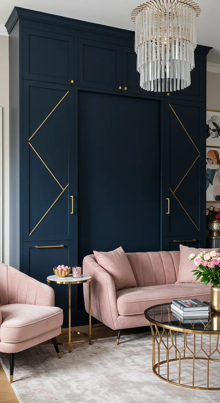 Navy blue Murphy bed cabinet with gold geometric details in a glam living room.