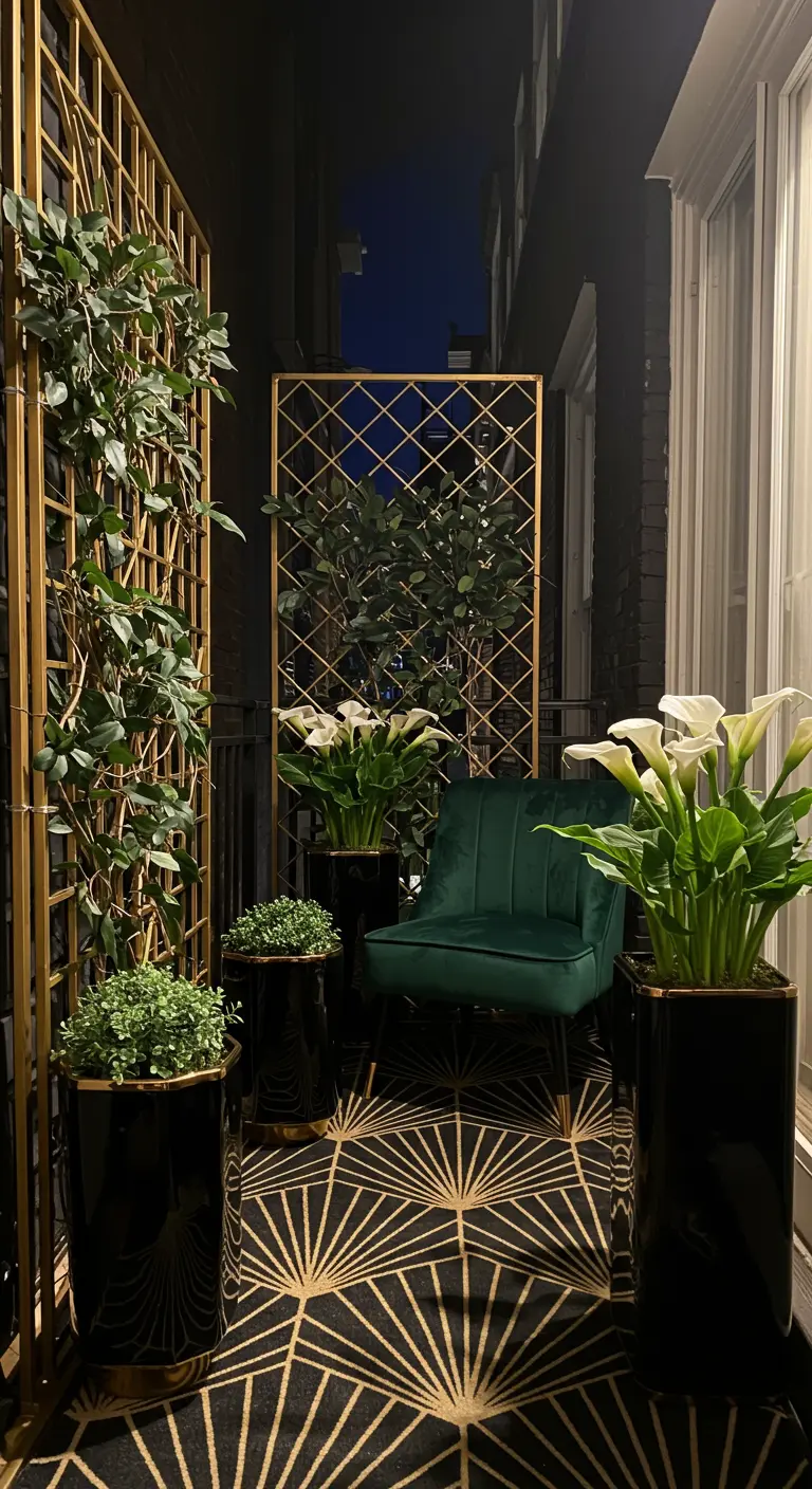 A glamorous balcony at night with gold geometric trellises, a velvet chair, and calla lilies.