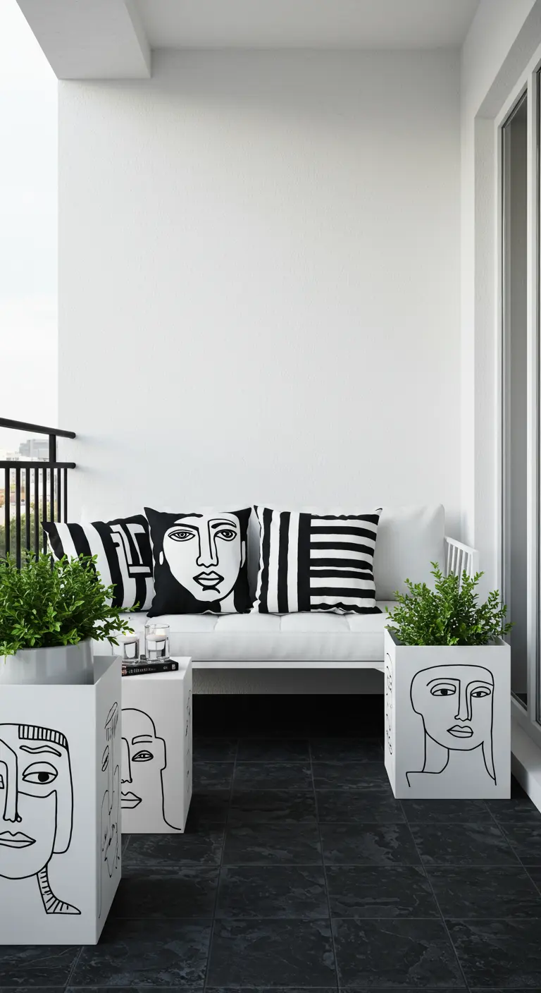 Balcony with white planters and pillows featuring abstract face line art.