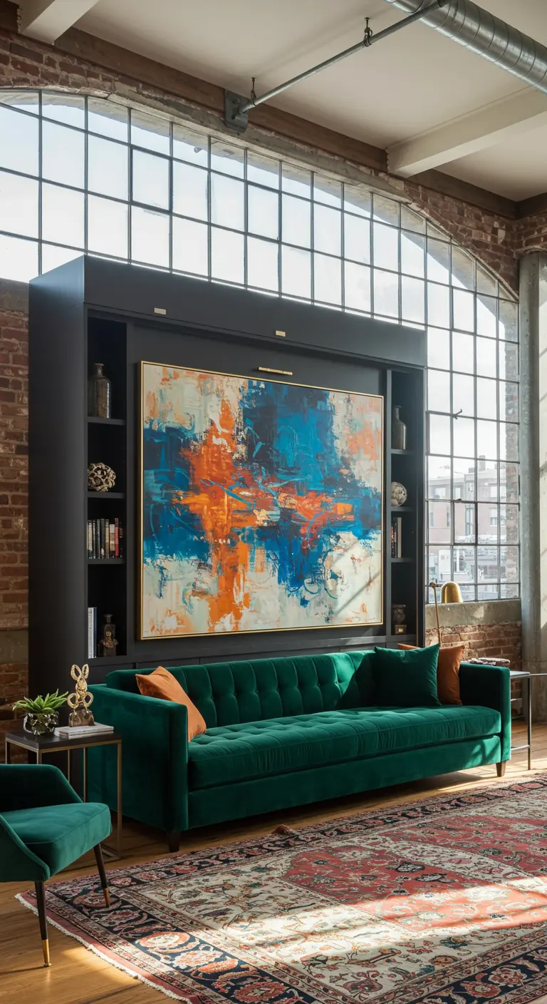 Black Murphy bed unit in a loft, disguised by a large, colorful abstract painting.