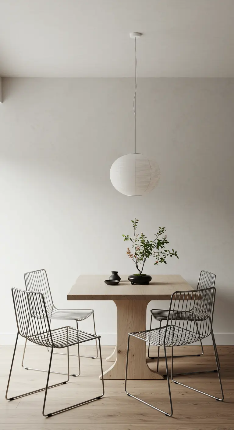Minimalist dining space with a light wood table, wireframe chairs, and a white paper lantern.