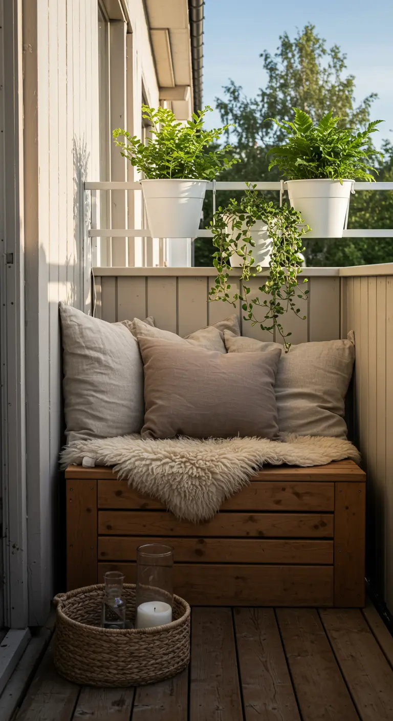 A cozy Scandinavian-style balcony nook with a wooden bench, sheepskin throw, and linen pillows.