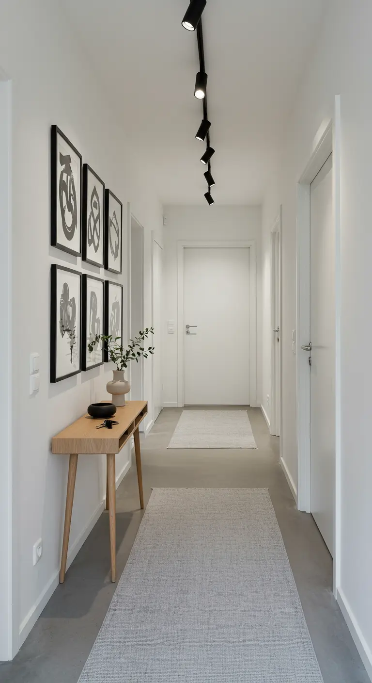 Minimalist hallway with a light wood console, track lighting, and a black-and-white gallery wall.