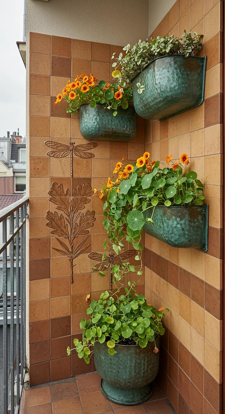 Arts & Crafts balcony with brown tiles, decorative reliefs, and verdigris planters with nasturtiums.