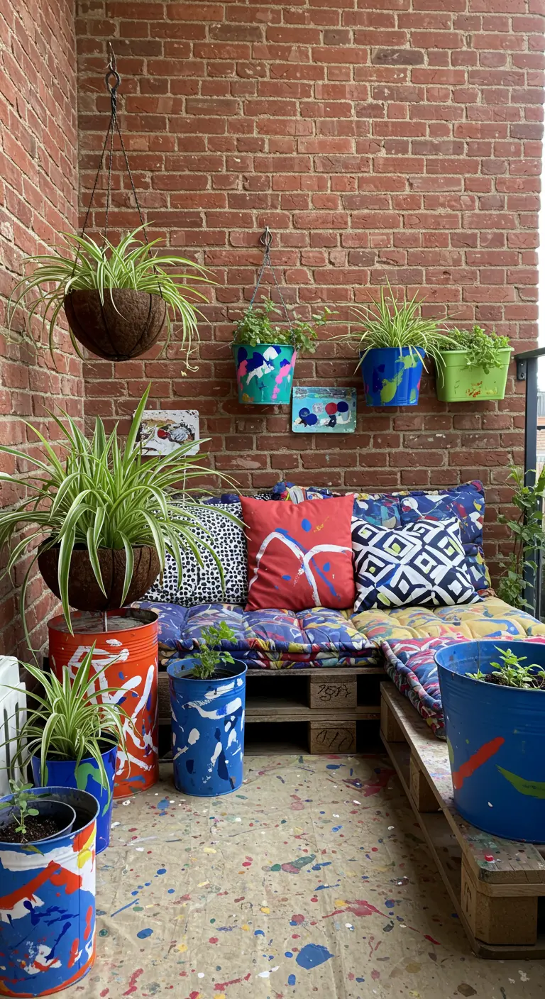 An eclectic balcony with abstract, brightly painted pots and DIY pallet seating.