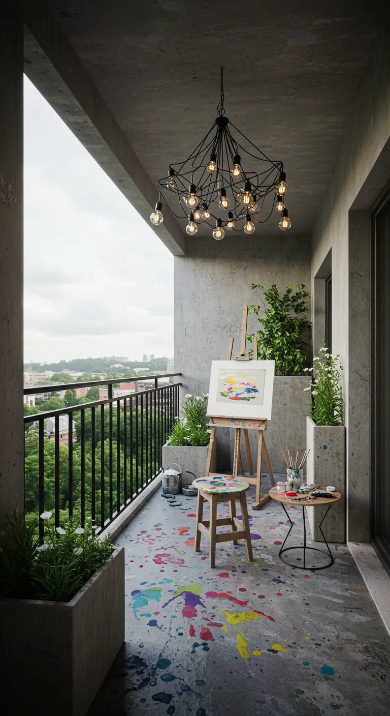 An artist's balcony with a paint-splattered concrete floor and an easel.