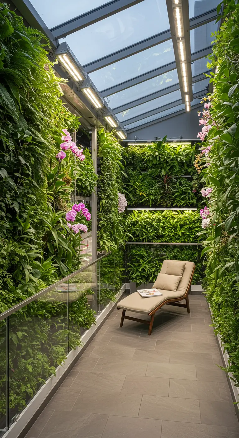 A glass-enclosed solarium filled with green walls and blooming orchids, with a lounge chair in the center.