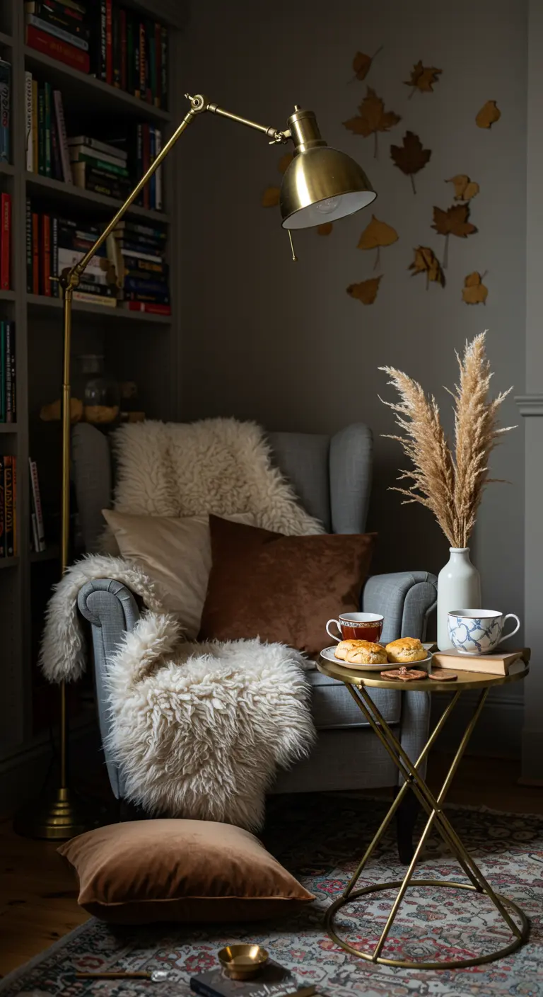 A cozy armchair with faux fur throws, with paper leaves taped to the wall behind it.