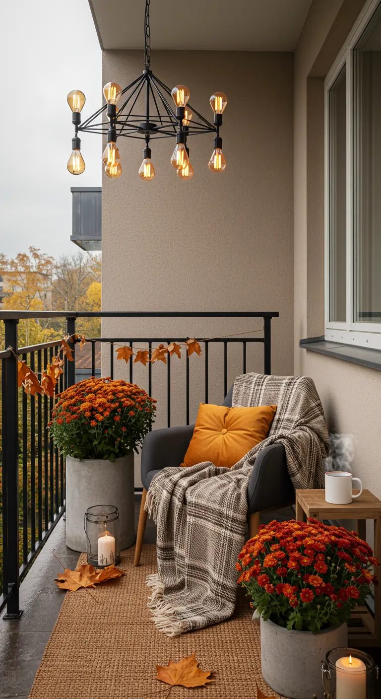 A cozy fall-themed balcony with orange mums, a plaid throw, and leaf garland.