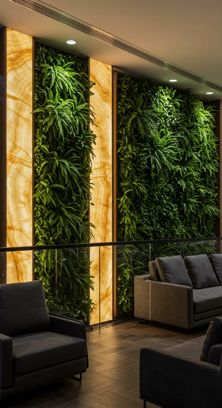 A luxurious lounge with vertical green wall panels alternating with glowing, backlit onyx stone panels.