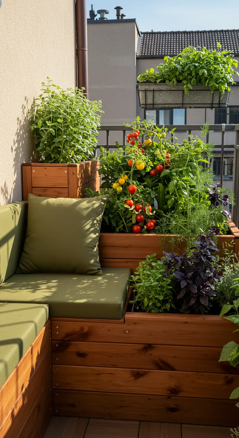 A corner balcony with tiered wooden planters filled with tomatoes, herbs, and other edibles.