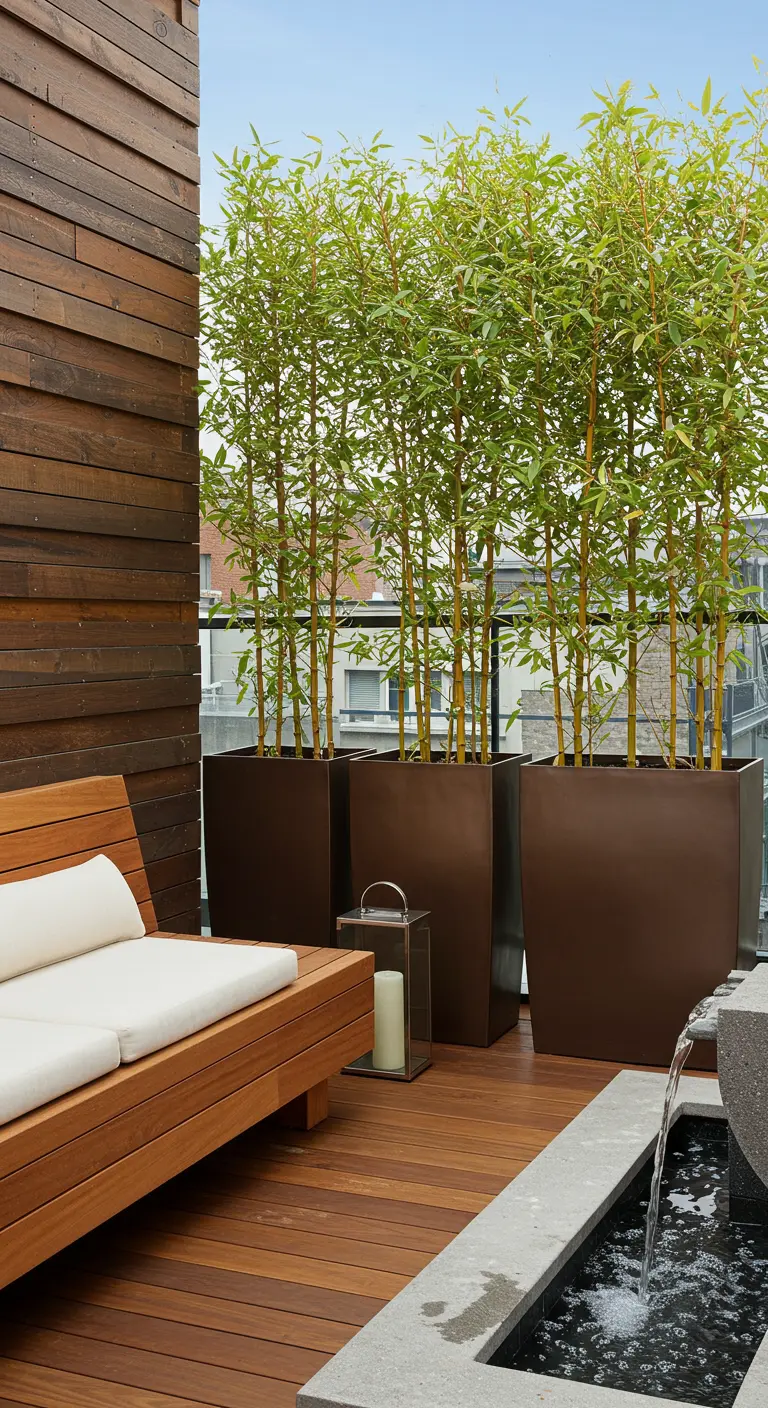A row of tall bamboo in dark planters creates a natural privacy screen on a wooden deck.