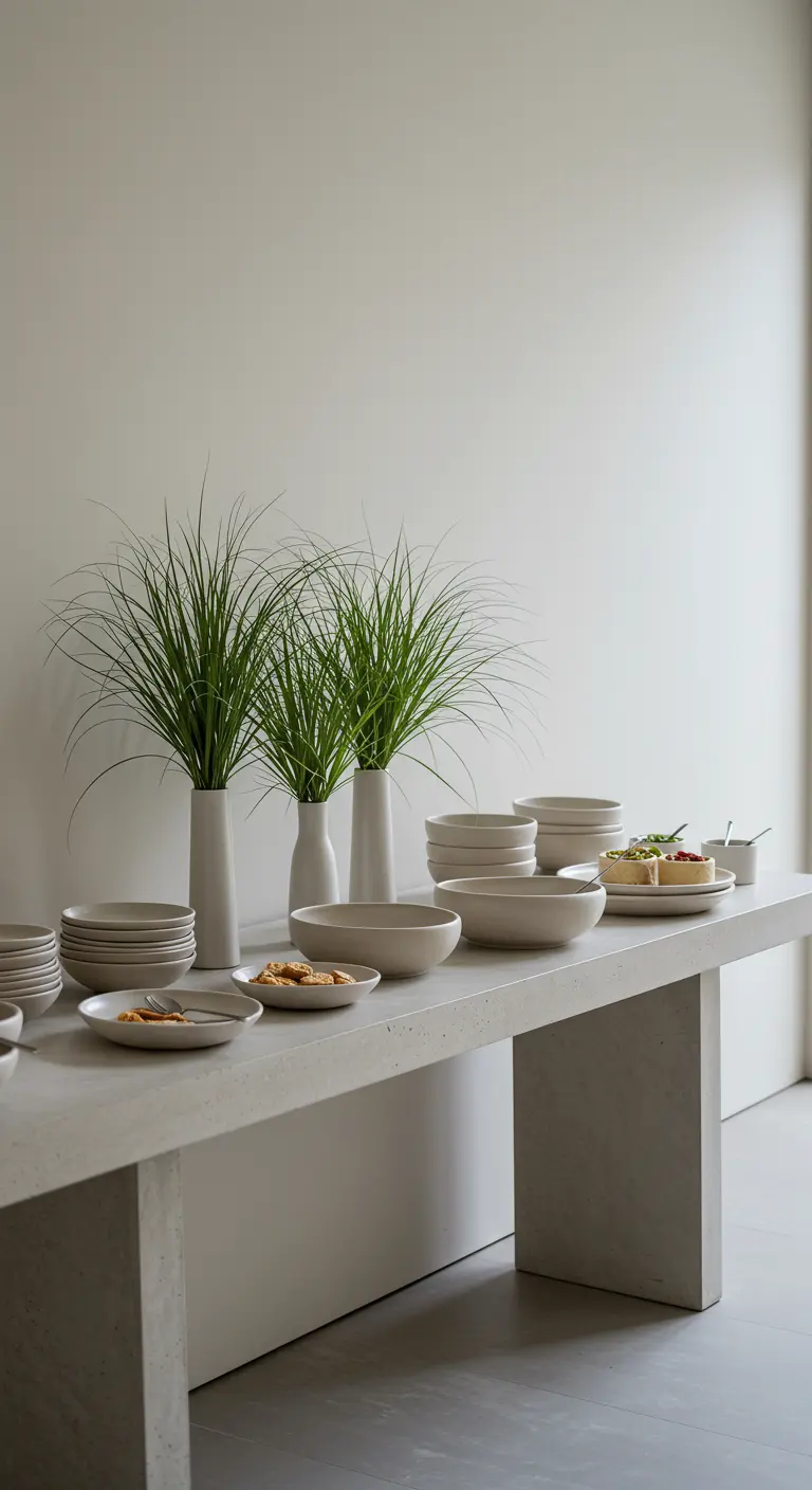Minimalist concrete buffet table with stacked white dishes and tall grasses in vases.