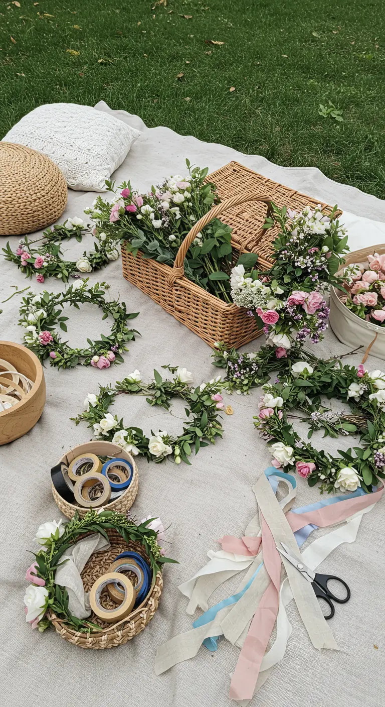 A DIY flower crown station on a blanket with baskets of fresh flowers, wire, and ribbons.