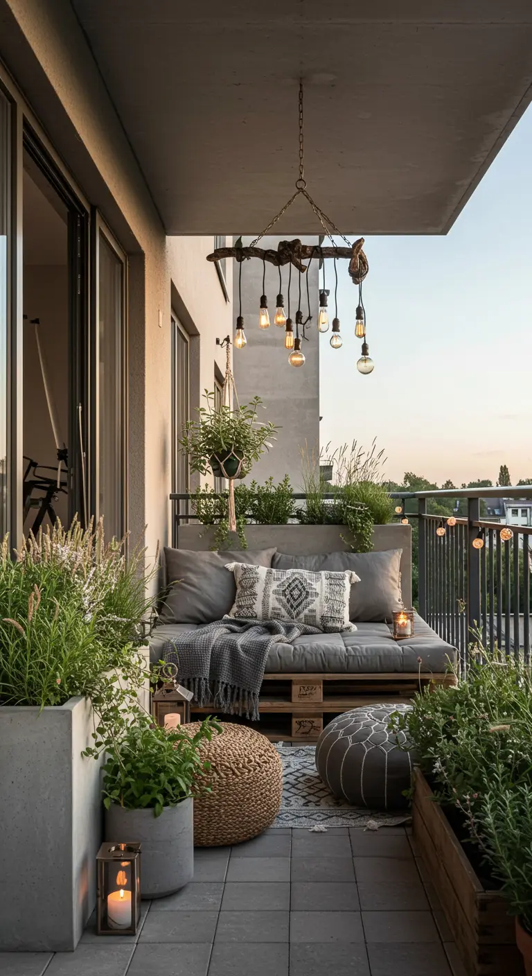 Boho-industrial balcony with a pallet daybed, lanterns, and a driftwood chandelier.