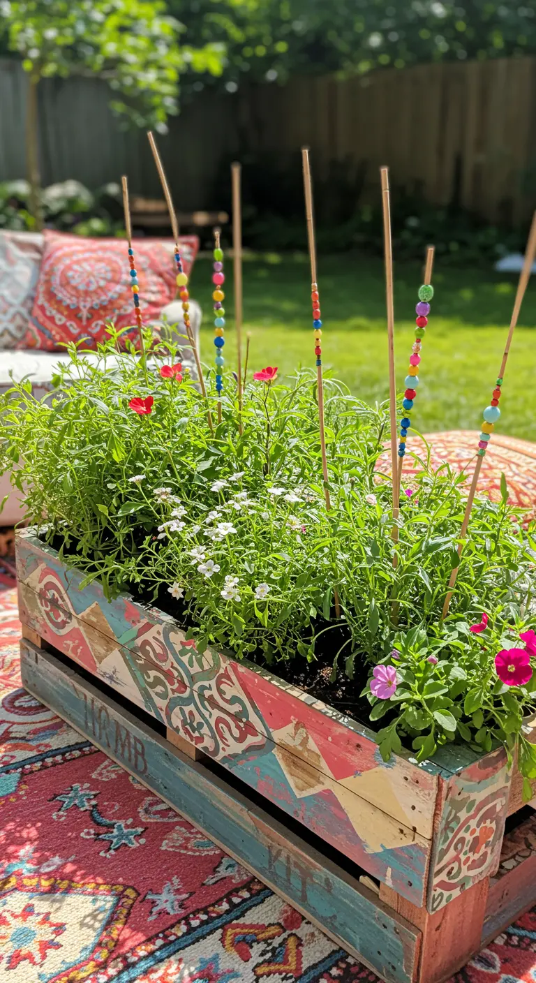 A pallet crate planter painted with colorful, intricate bohemian patterns, with beaded markers.