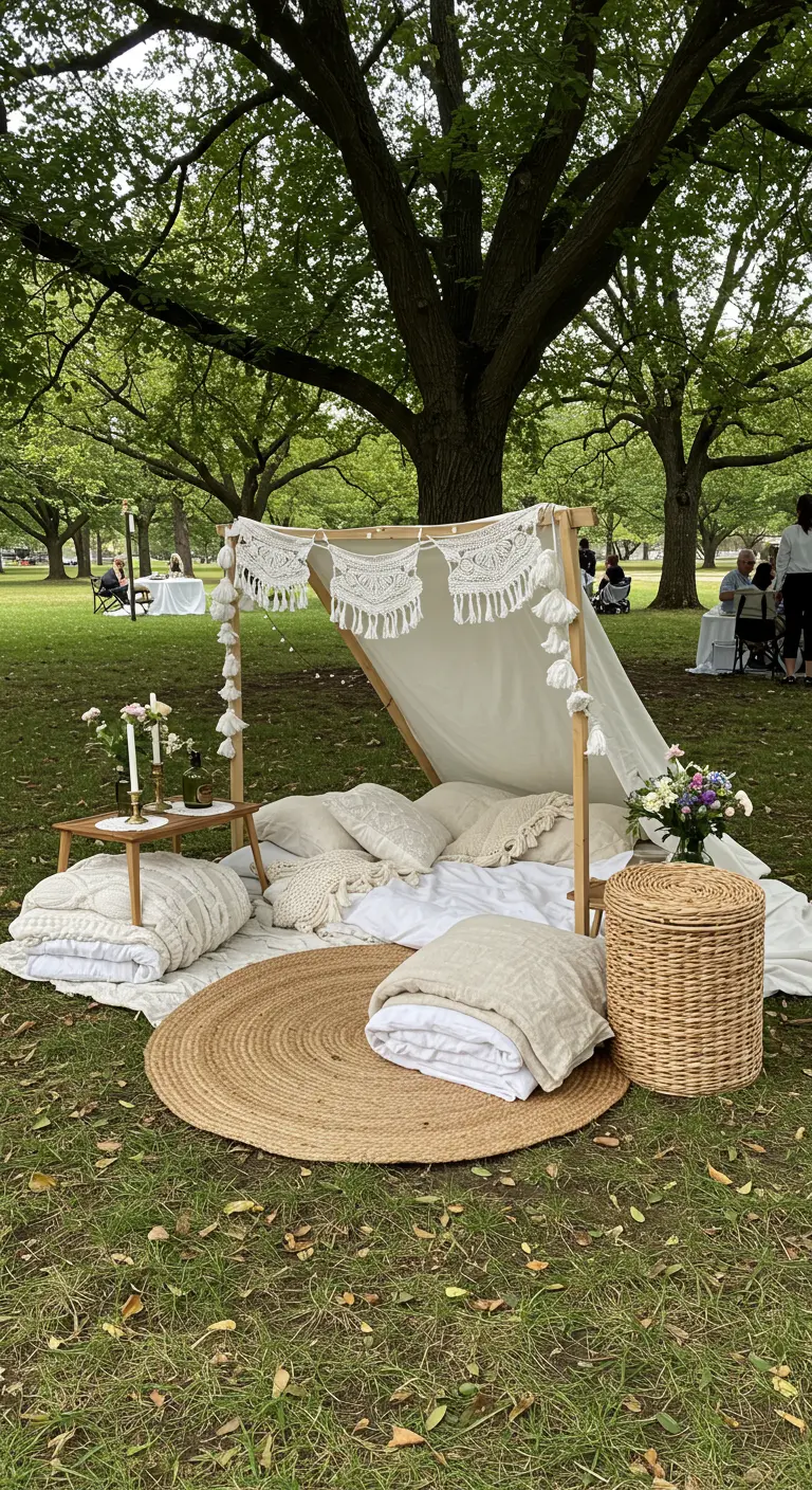 A small A-frame tent decorated with macrame trim, filled with cozy pillows and blankets.