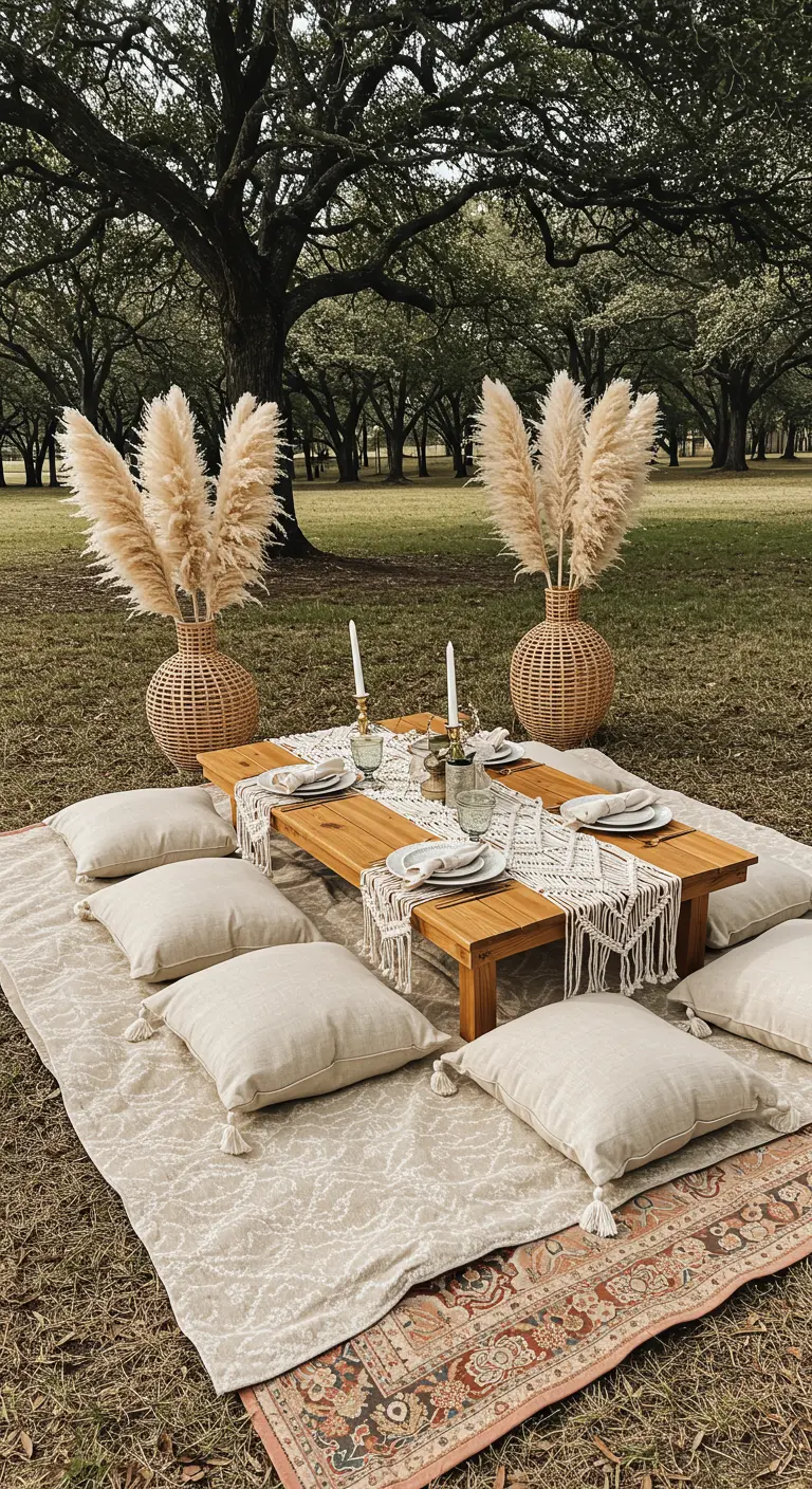 A bohemian picnic setup with a low table, macrame runner, and large vases of pampas grass.