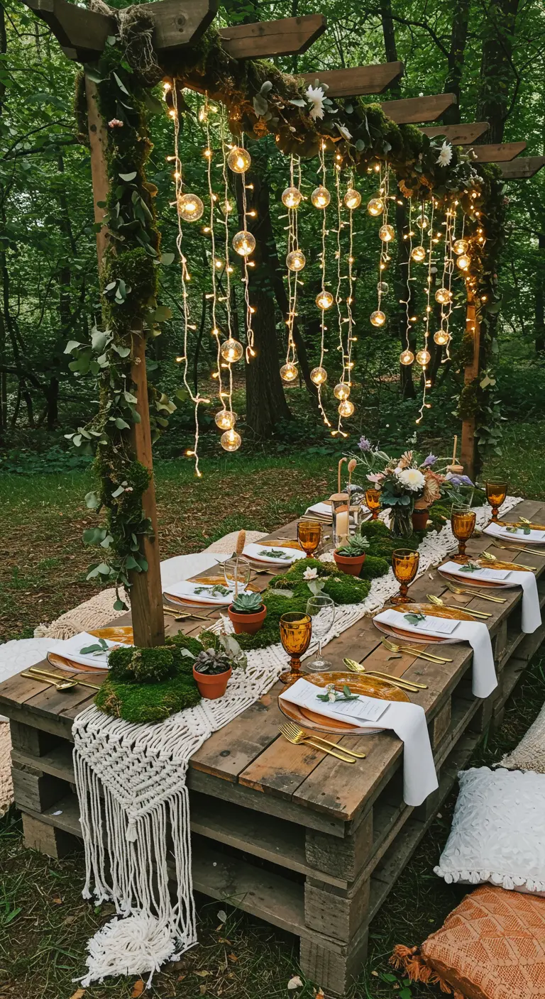 A low pallet table in the woods with a macrame runner, moss, and hanging lights.