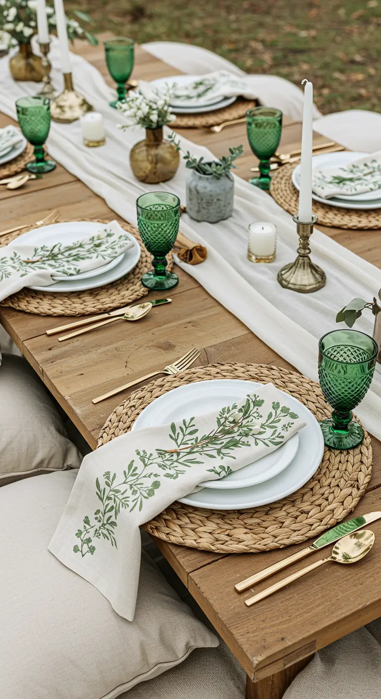 A picnic tablescape with woven placemats, white plates, and linen napkins with a green fern print.