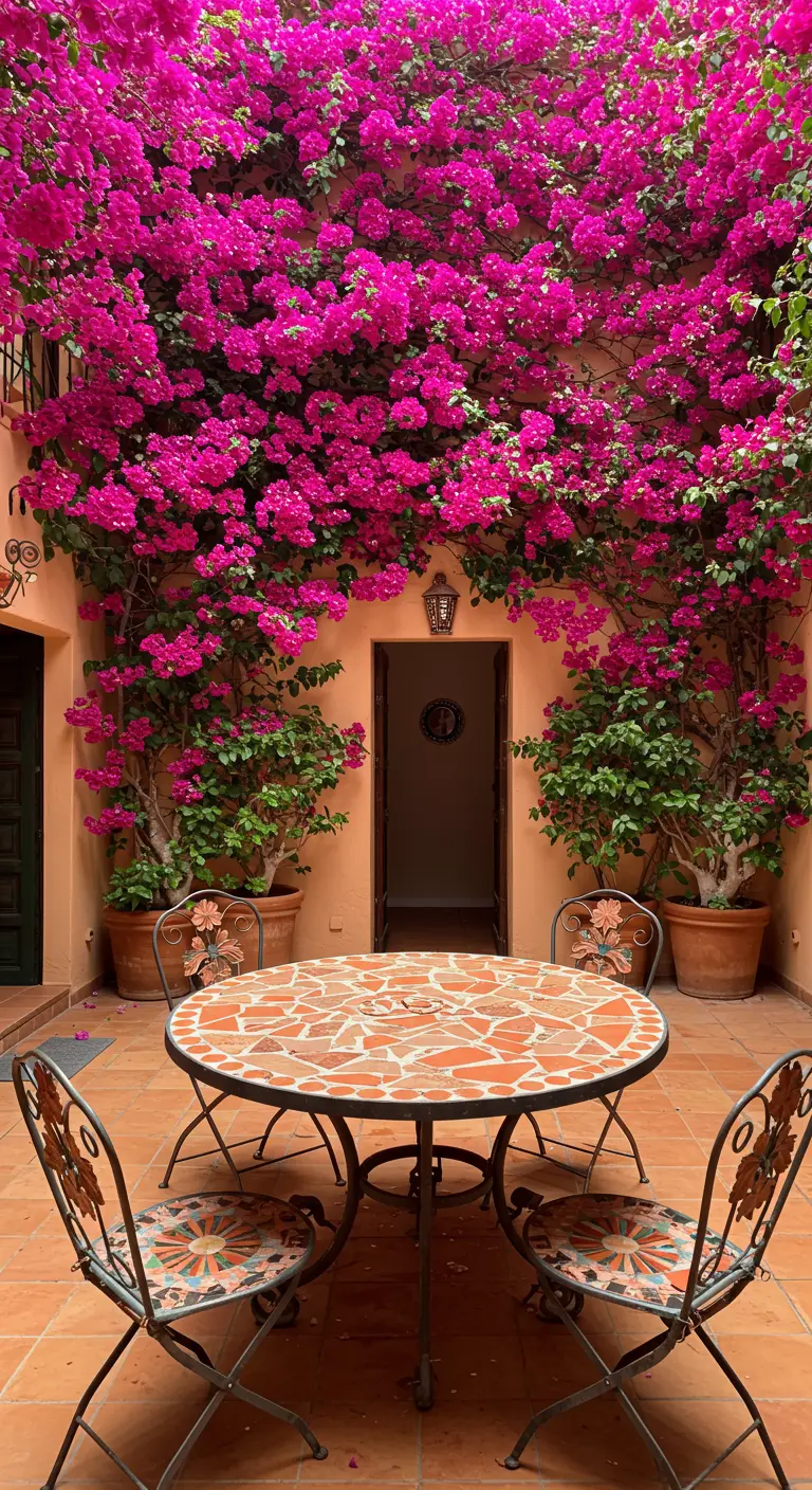 Mosaic terra cotta table in a courtyard with vibrant pink bougainvillea climbing the walls.