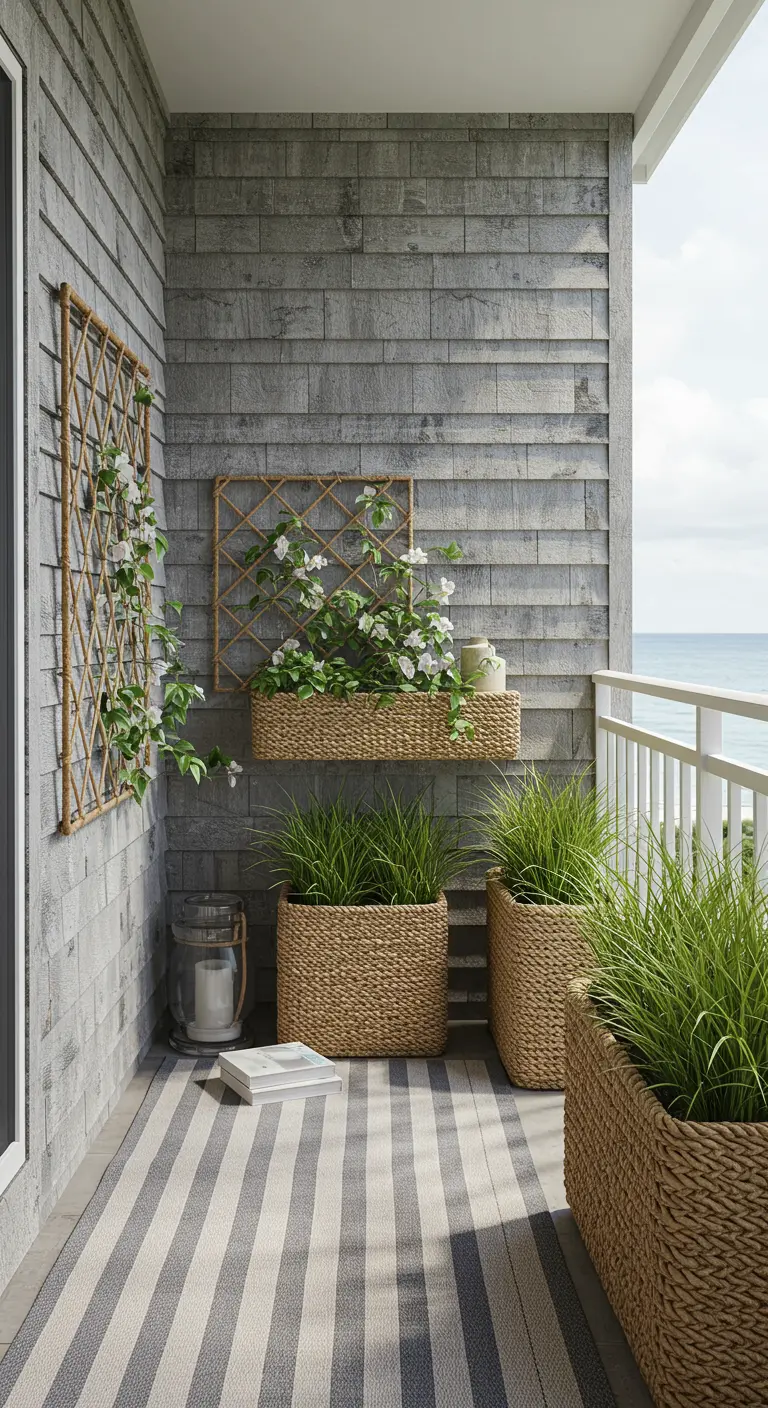 A coastal balcony with woven planters, rope trellises, and a striped rug.