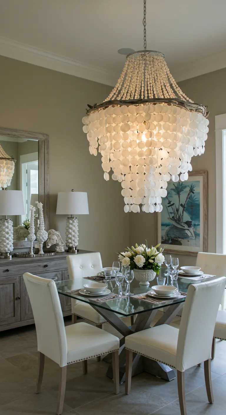 Elegant dining room featuring a large, tiered capiz shell chandelier.