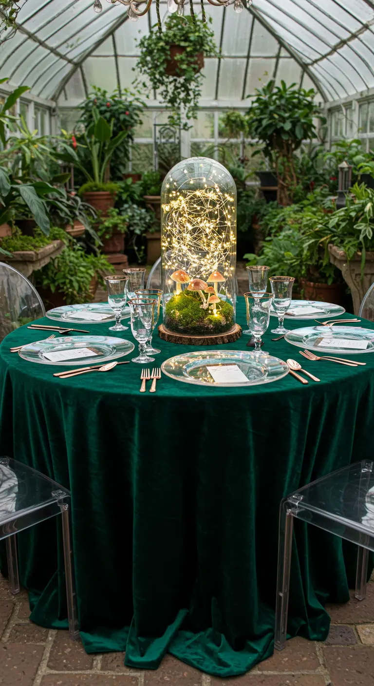 A round table with a green velvet cloth and a cloche centerpiece with lights and mushrooms.