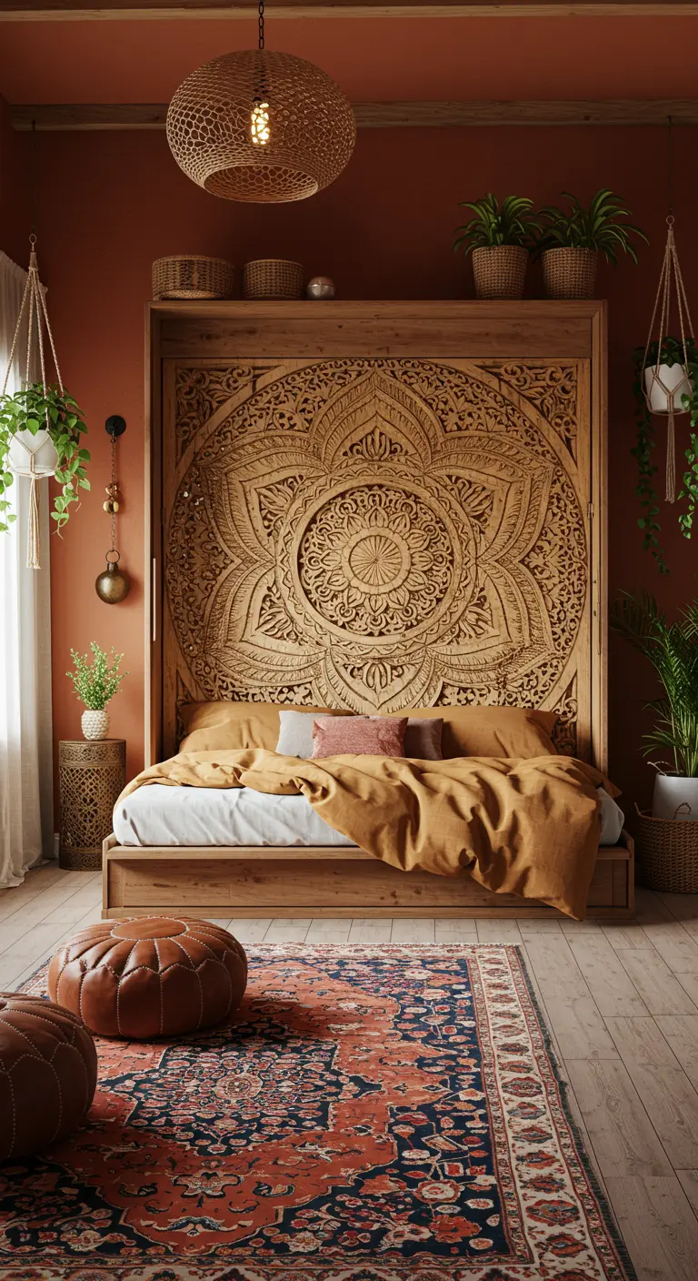 Open Murphy bed with an intricately carved wood mandala base in a boho bedroom.