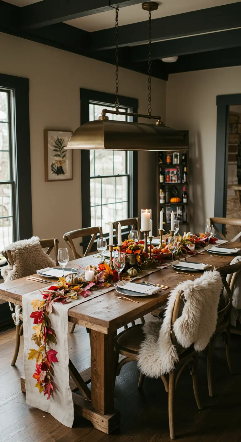 Rustic dining table with a runner made of colorful autumn leaves and small pumpkins.
