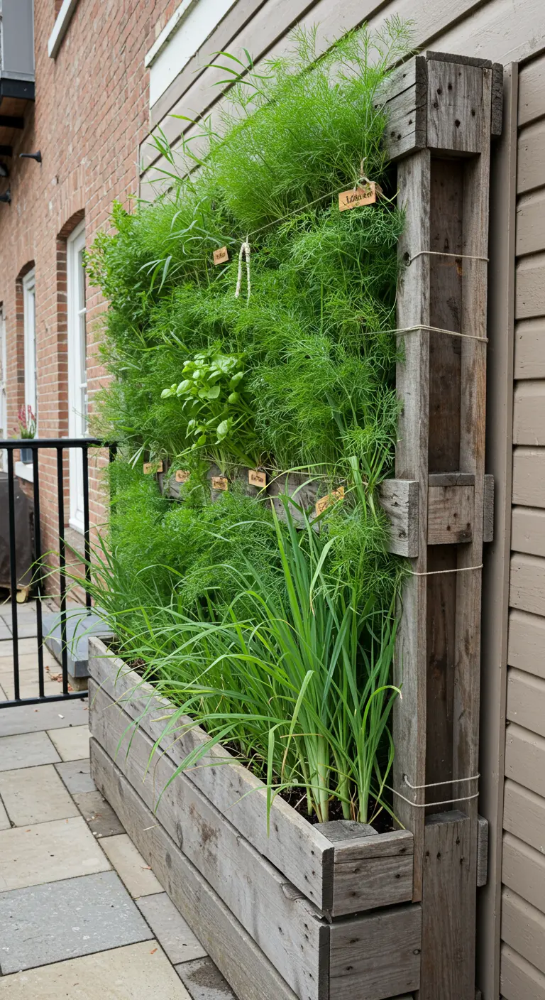 A dense, vertical pallet herb garden mounted on a wall, overflowing with greenery.