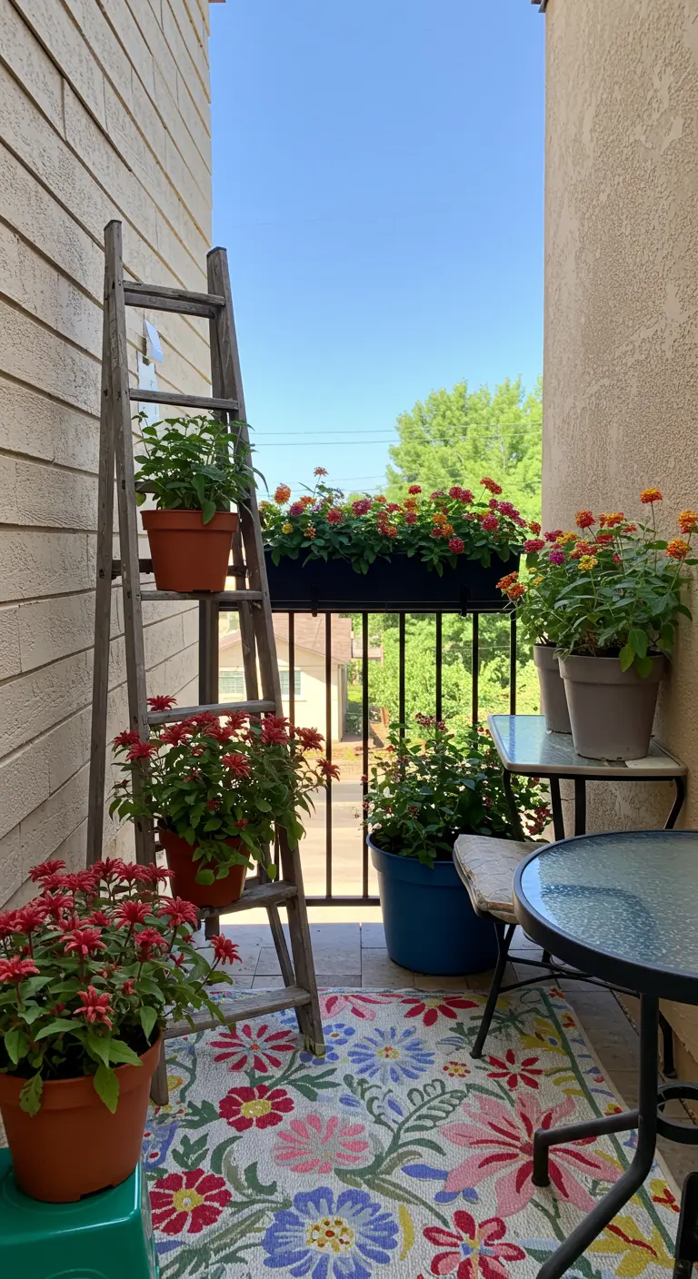 A narrow balcony with a vintage wooden ladder used as a stand for potted flowers.