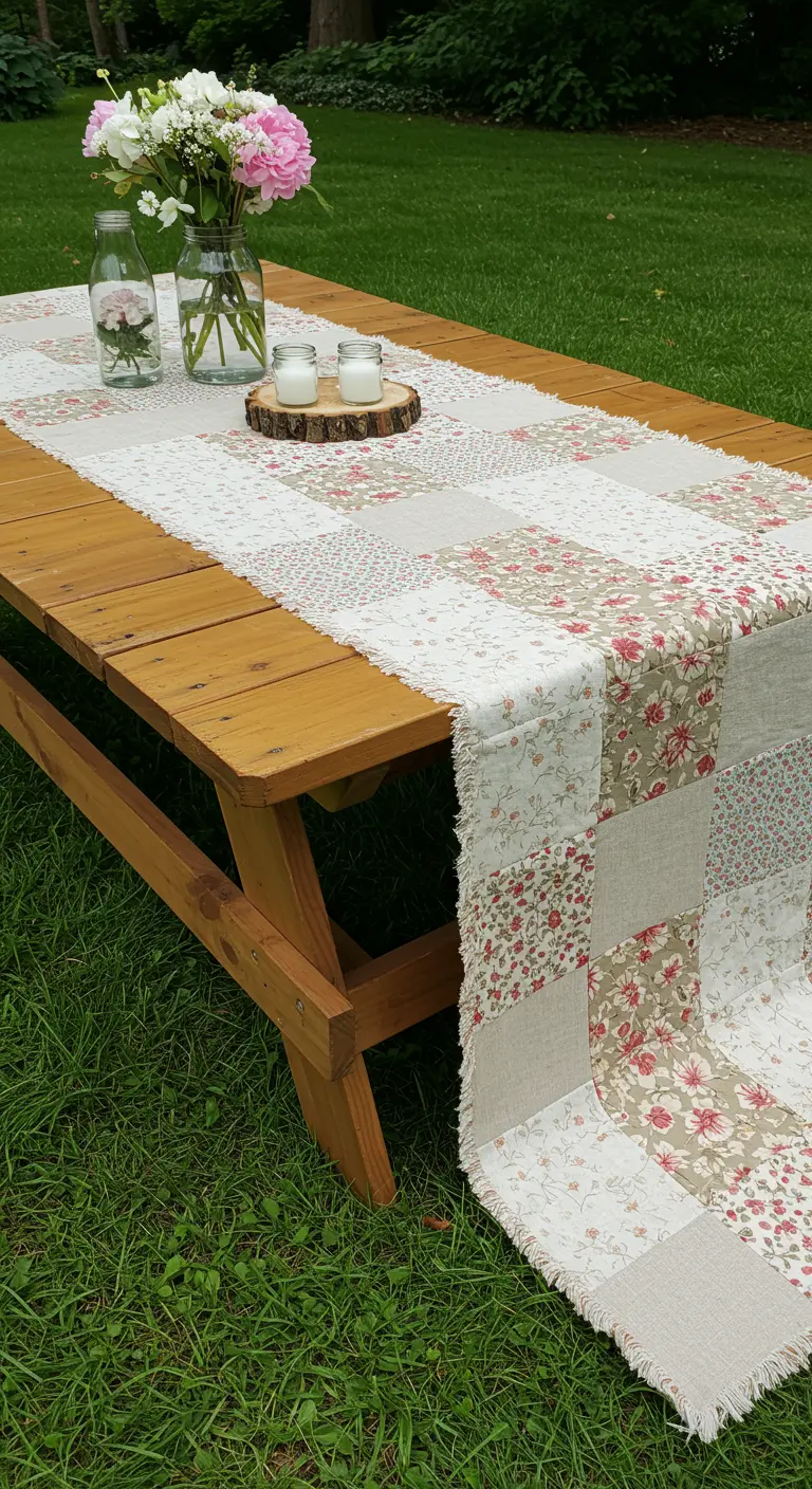 A patchwork table runner made from floral and solid fabric squares on a wooden picnic table.