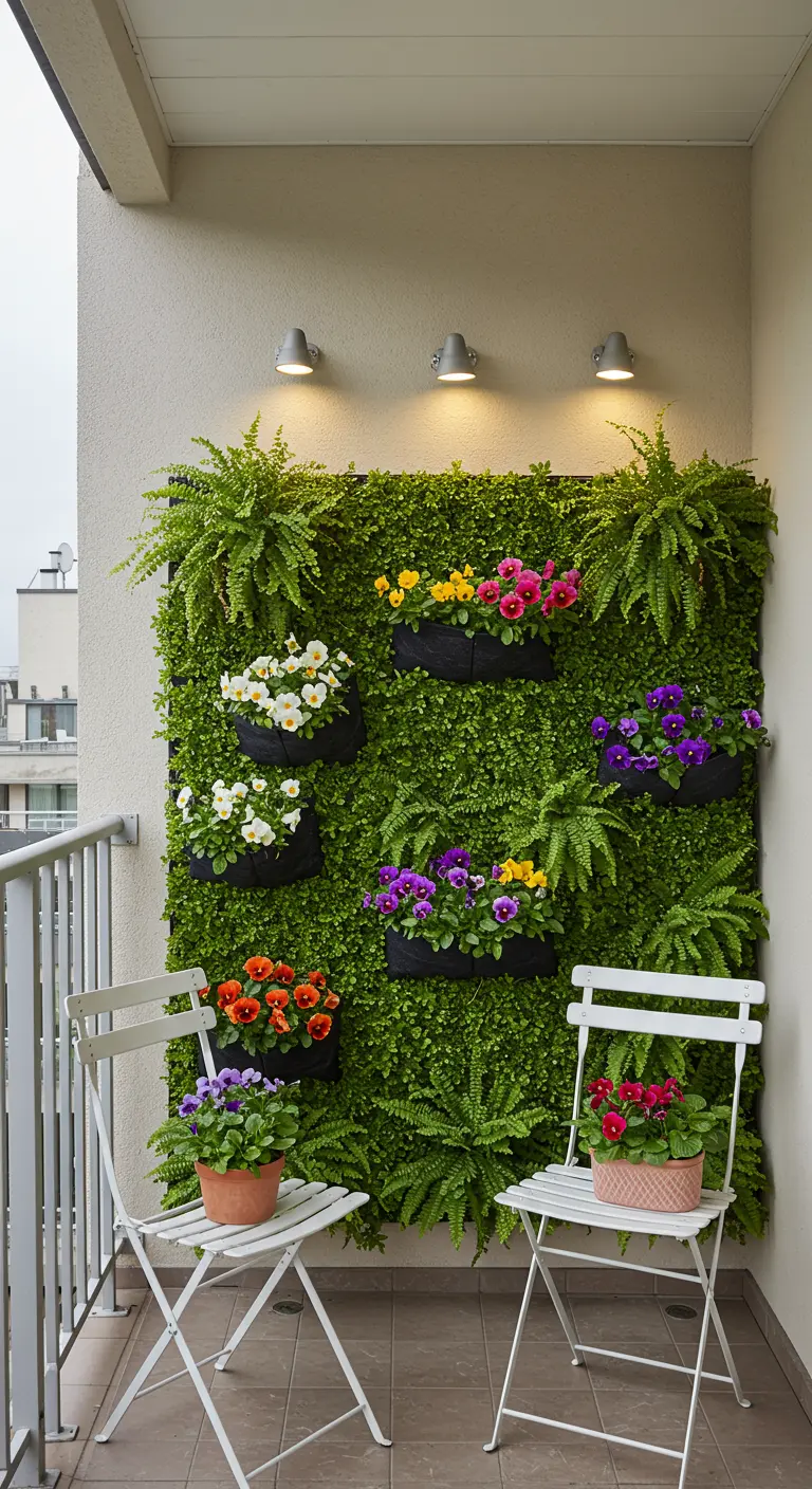 A green wall with pockets holding colorful pansies and violas, styled with white bistro chairs.