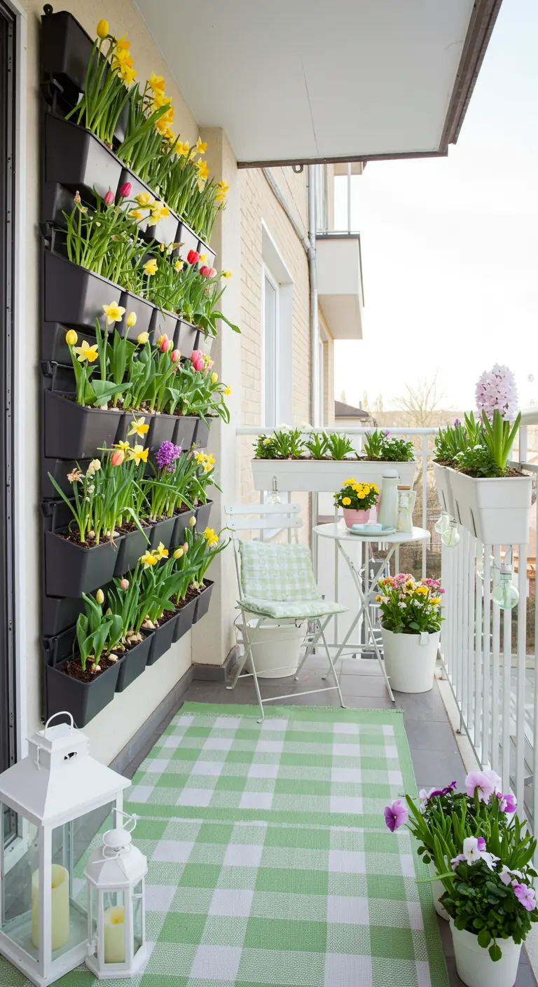 A bright spring balcony with a vertical wall planter overflowing with colorful tulips and daffodils.