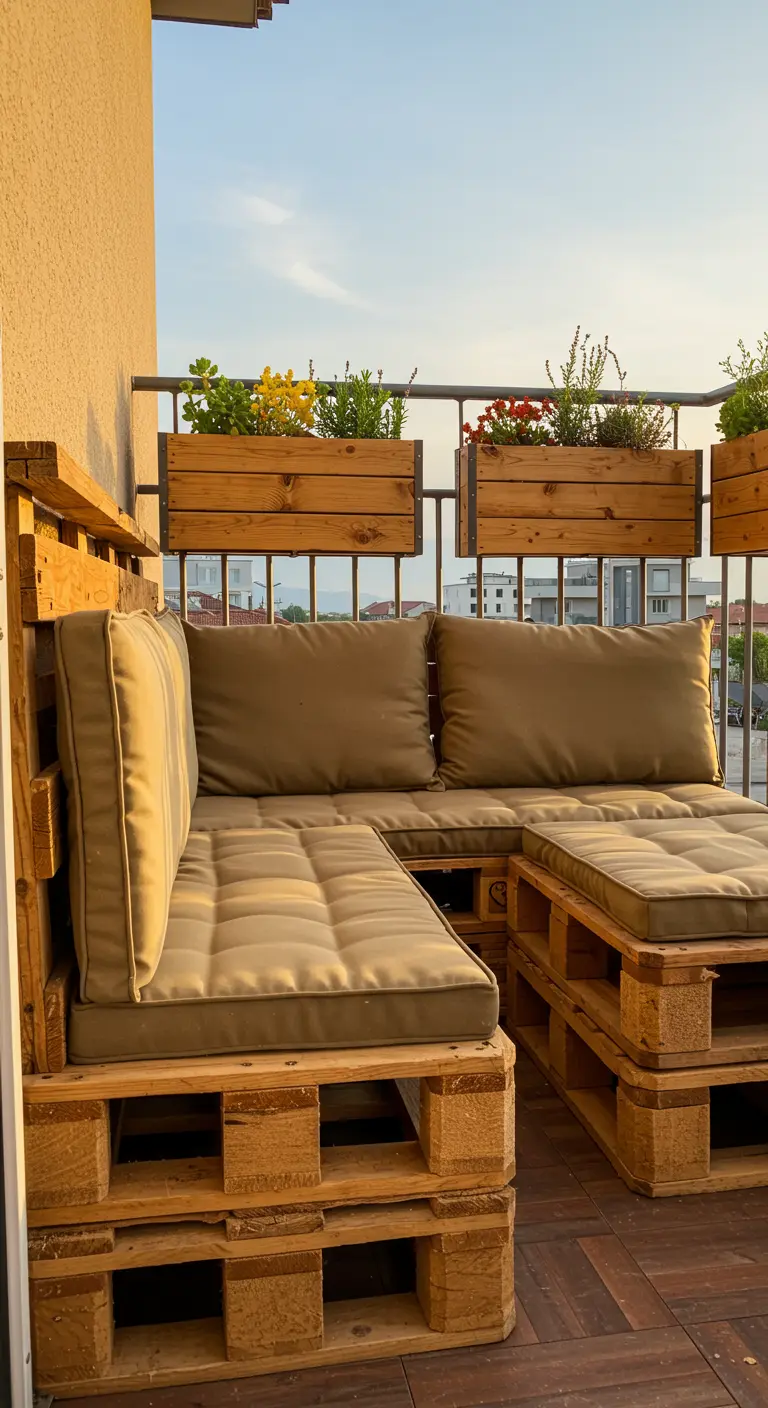 An L-shaped outdoor sofa made from stacked wooden pallets, topped with olive-green cushions.