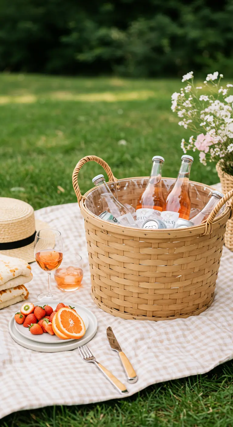 A large woven basket filled with ice and bottles of rosé, acting as a stylish drink cooler.