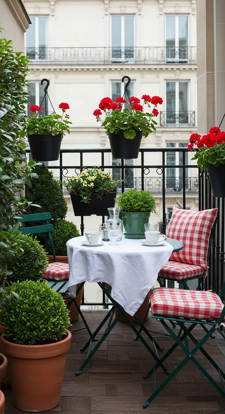 A classic bistro setup on a balcony with red geraniums and red-and-white gingham cushions.