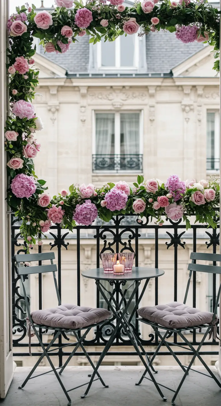 A Parisian balcony with a black bistro set, framed completely by a lush pink rose and hydrangea garland.