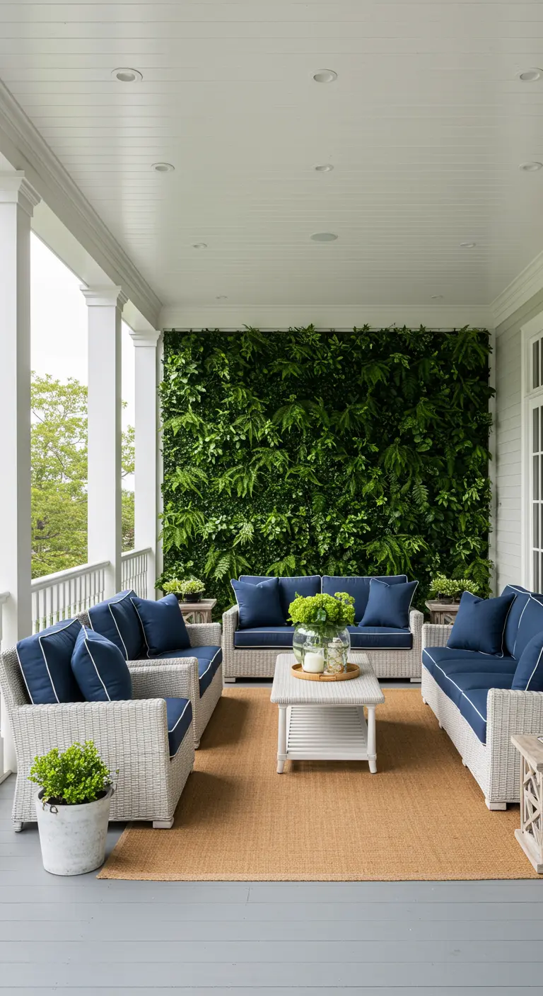 A classic white veranda with a full green wall as a backdrop for white wicker furniture with blue cushions.