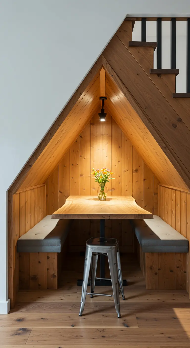A cozy dining nook built into the A-frame space underneath a wooden staircase.
