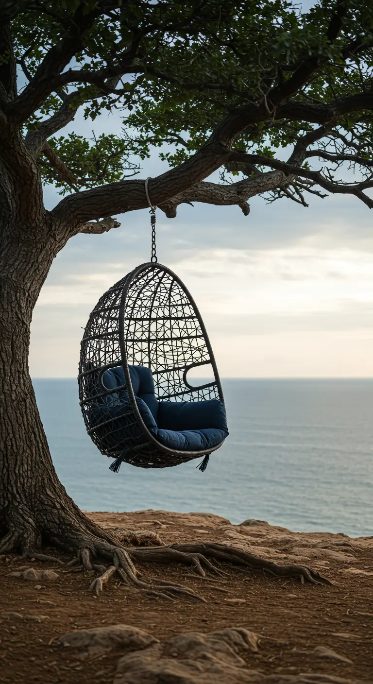 A dark rattan egg chair with blue cushions hanging from a tree on a cliff overlooking the ocean.