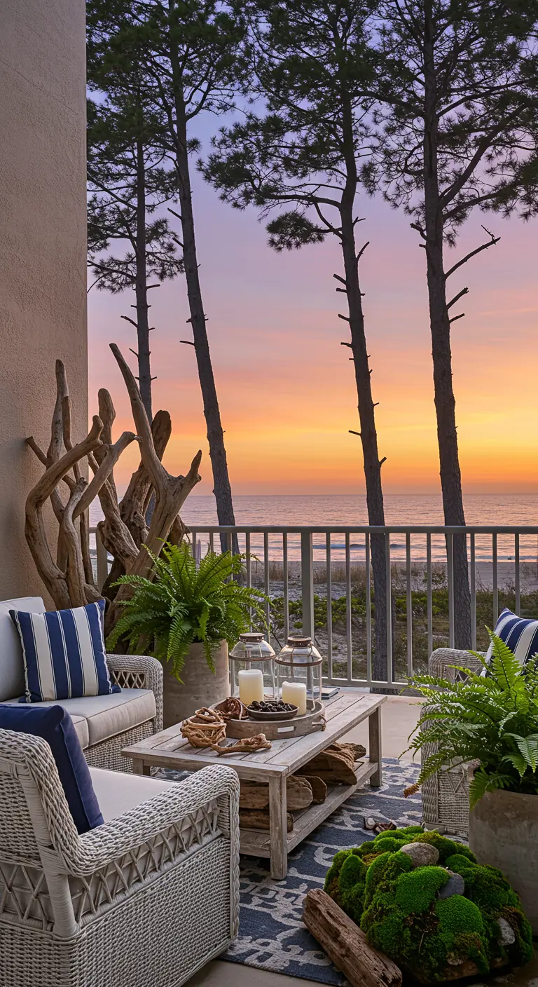 A seaside balcony with white wicker furniture, driftwood sculptures, and a sunset view.