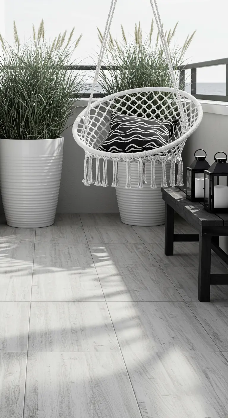 Breezy balcony with a white macrame hanging chair and tall grasses.