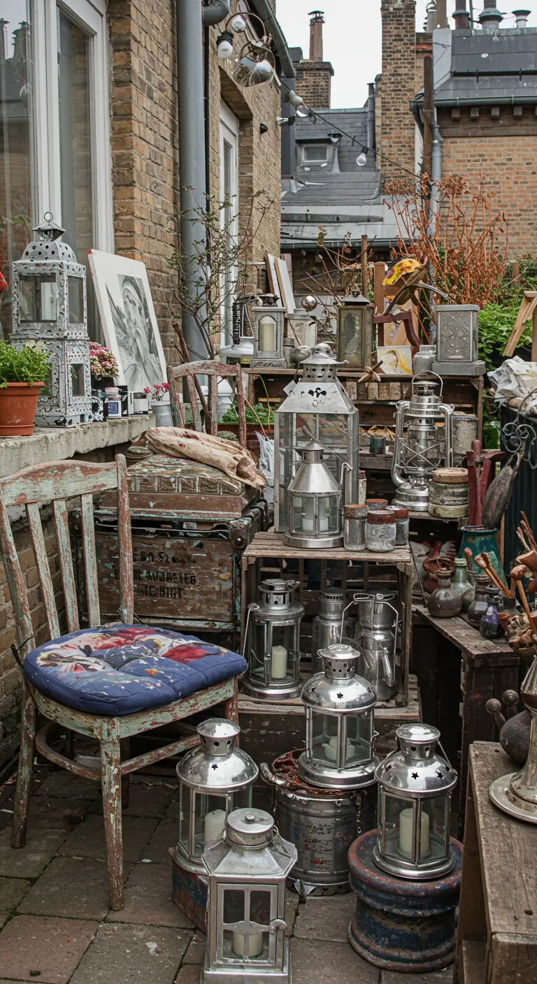 Eclectic patio with a collection of vintage lanterns on wooden crates.