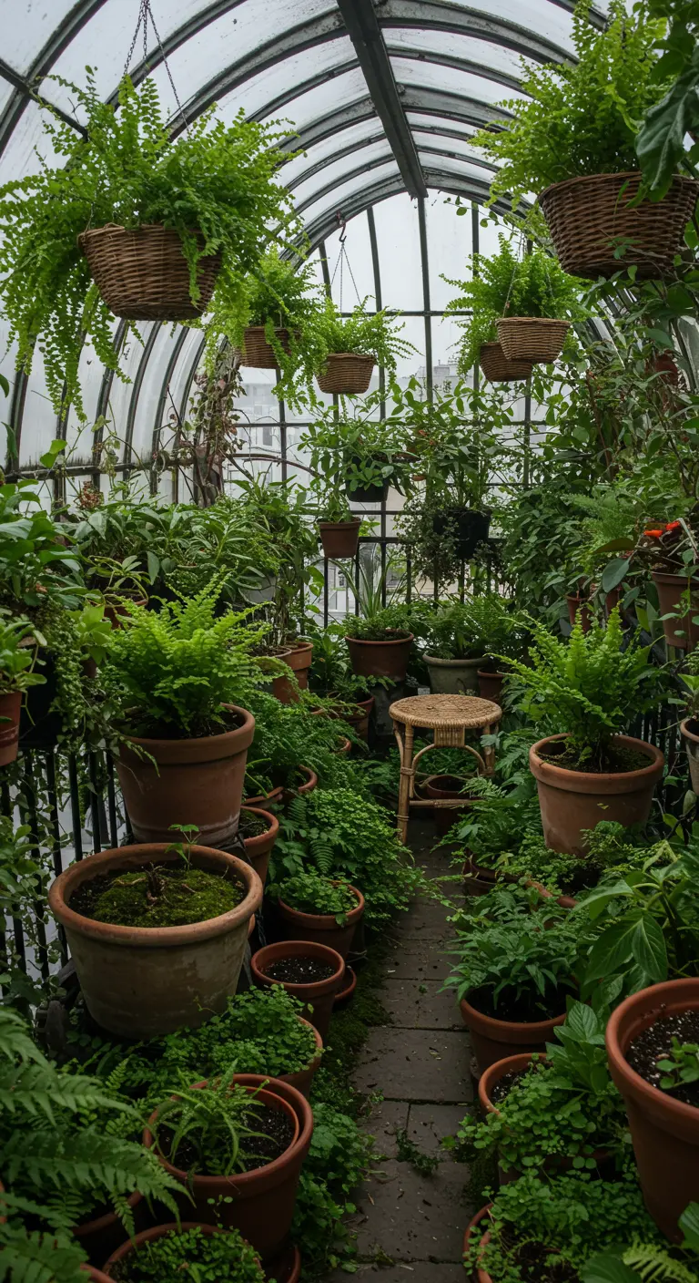 A dense indoor greenhouse space filled with ferns in terracotta pots and hanging baskets.