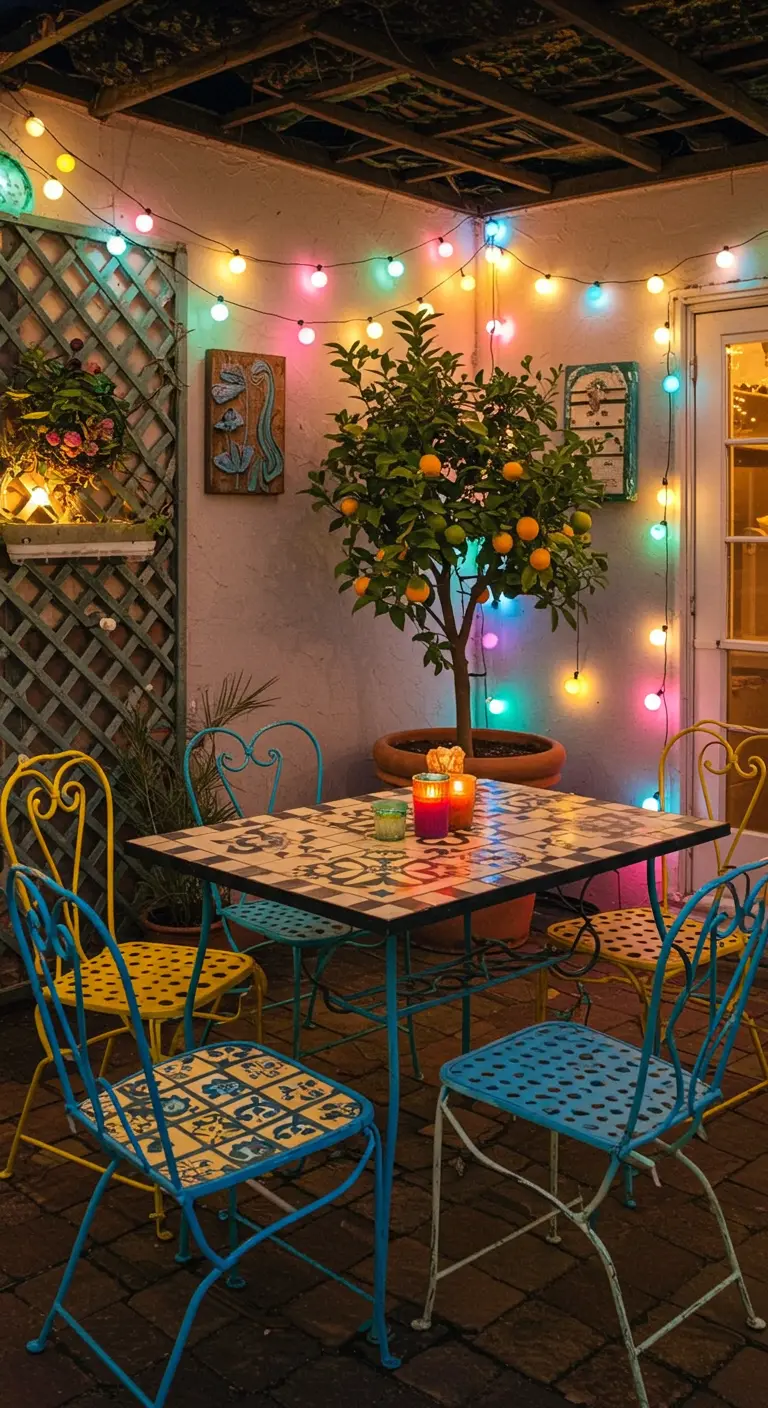A colorful patio with blue and yellow chairs, a tiled table, and multi-colored fairy lights overhead.
