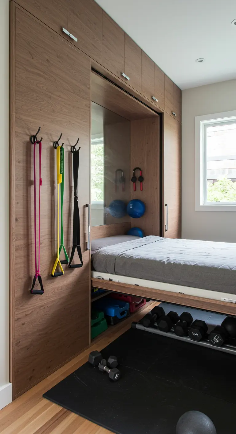 An open Murphy bed with resistance bands hanging on hooks on the side cabinet.