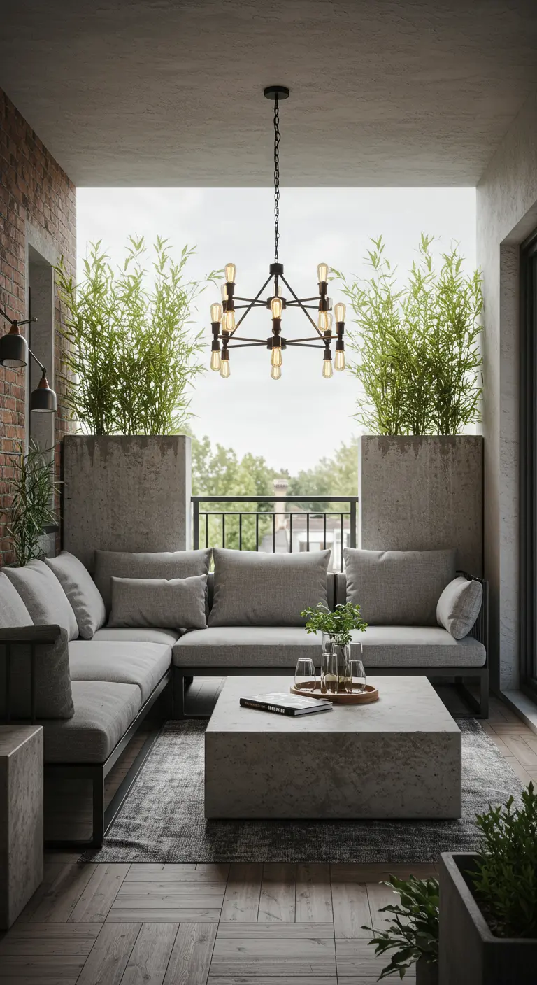 Industrial balcony with a concrete sofa, coffee table, and tall bamboo plants.